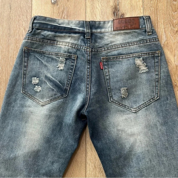 SoSoo Men's Distressed Patchwork Medium Wash Denim Jeans Size 31 GUC - Picture 9 of 10